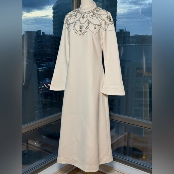 🆕 SIMKHAI 🧿 NWOT Odetta Crystal Embellished Cream Long Sleeve Midi Dress, Sz 8 - Picture 5 of 16